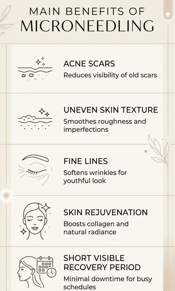 Infographic showing the main benefits of microneedling