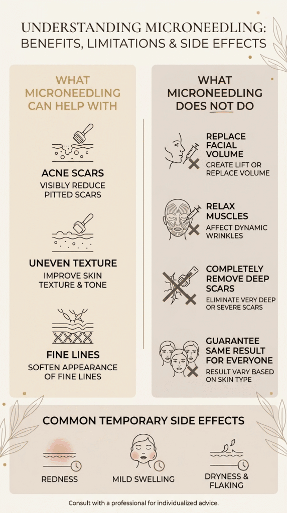 Infographic showing microneedling limitations and common temporary side effects