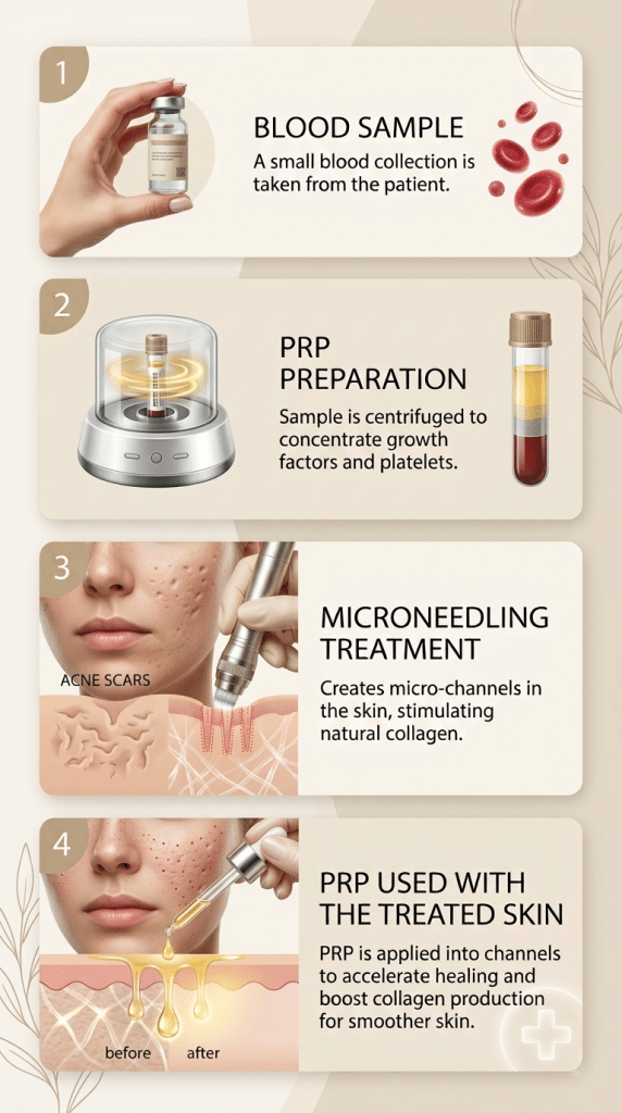 Infographic showing how PRP and microneedling work together for acne scars