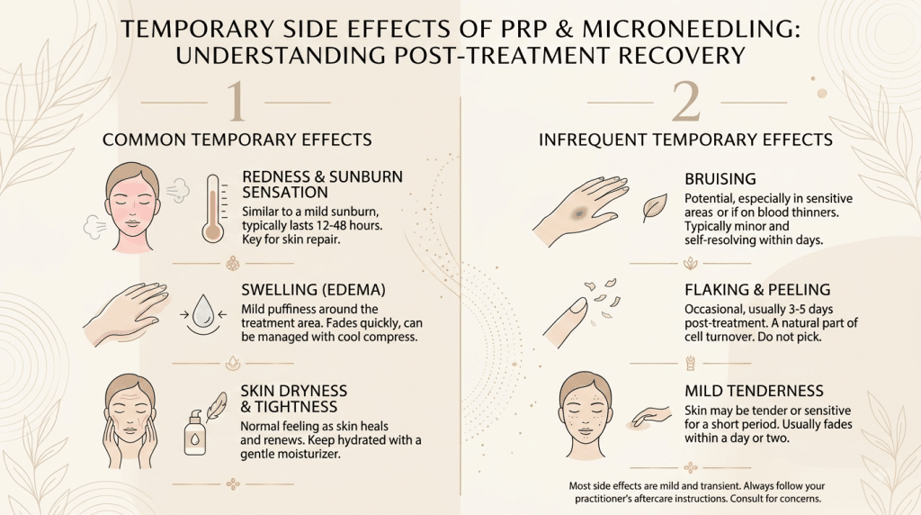 Infographic showing common temporary side effects of PRP and microneedling and when to contact a provider