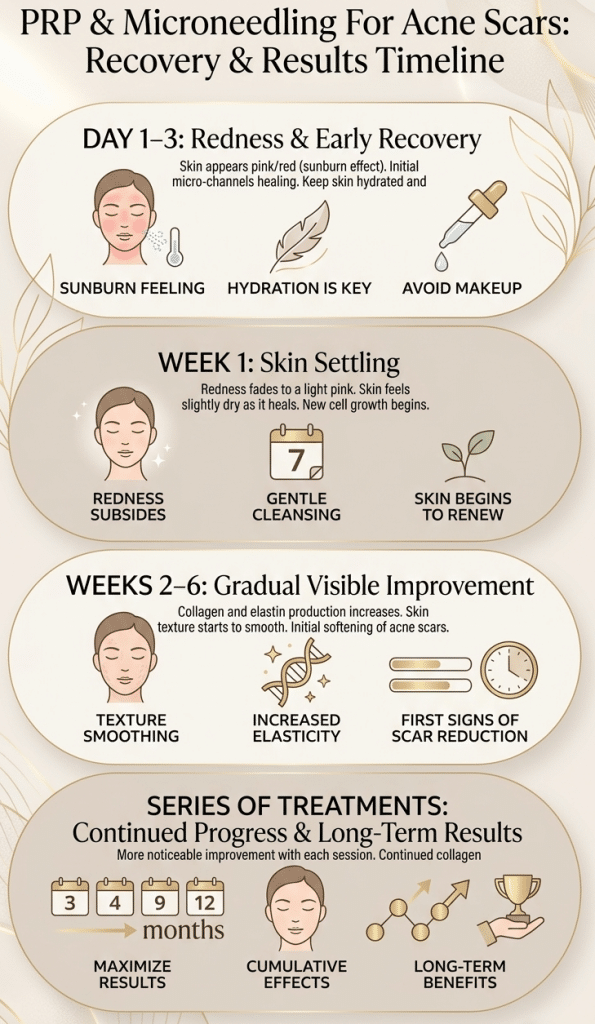 Infographic showing a general recovery and results timeline for PRP and microneedling acne scar treatment