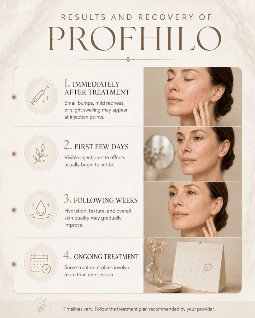 Infographic showing a general Profhilo results and recovery timeline