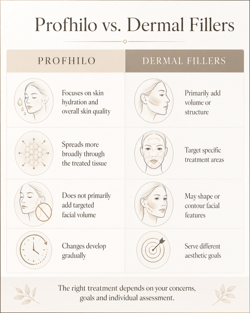 Comparison infographic showing Profhilo versus dermal fillers