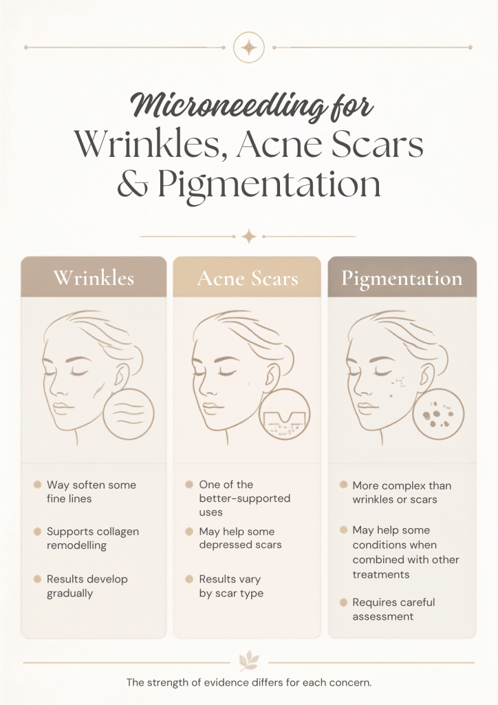 Comparison infographic showing microneedling for wrinkles, acne scars and pigmentation
