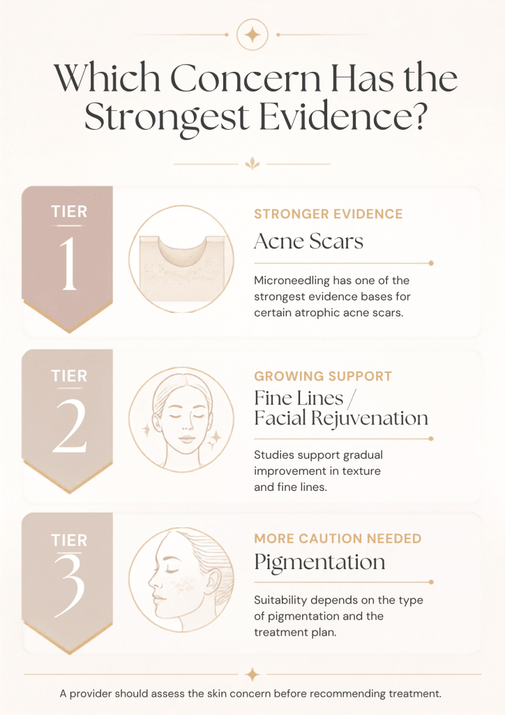 Infographic comparing the strength of evidence for microneedling in wrinkles, acne scars and pigmentation