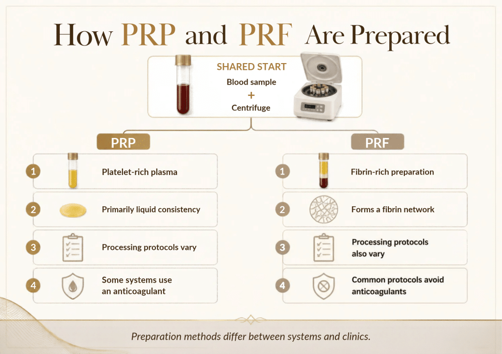 Infographic showing how PRP and PRF are prepared from a blood sample