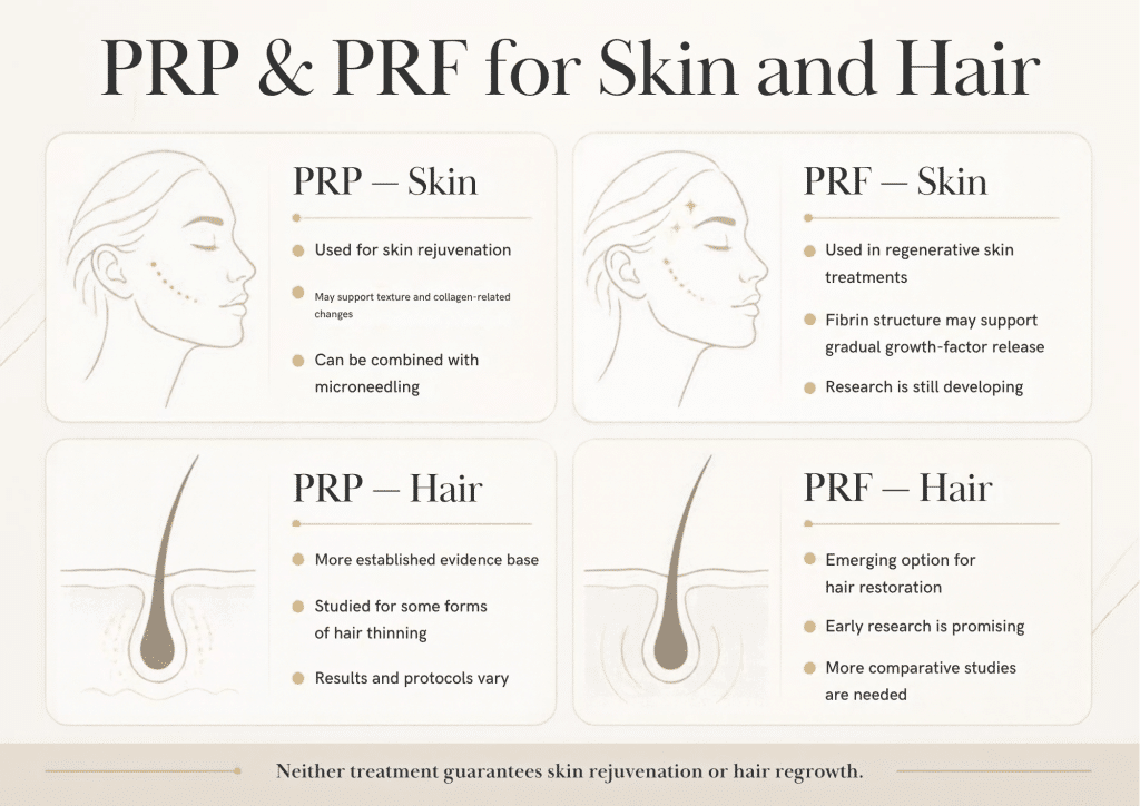 Infographic comparing PRP and PRF for skin rejuvenation and hair concerns