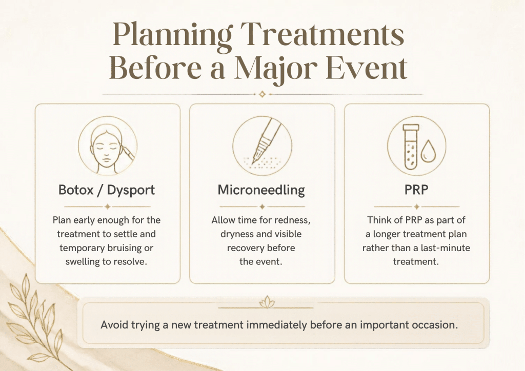 Infographic showing how to plan Botox microneedling and PRP before an event