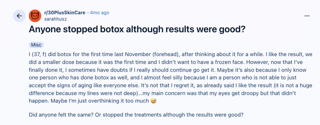 post from a reddit user asking what happens when you stop doing botox.